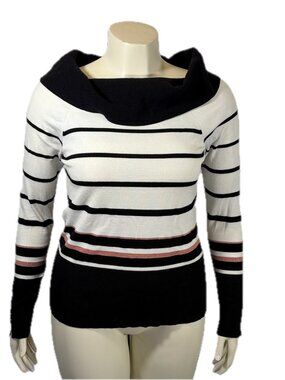 White House Black Market Black White Women's Sweater L Striped Boat Neck